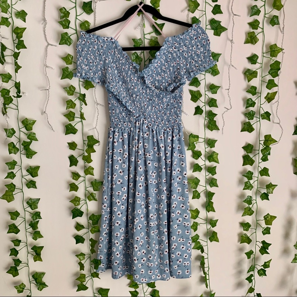 Off the Shoulder Blue Floral Dress